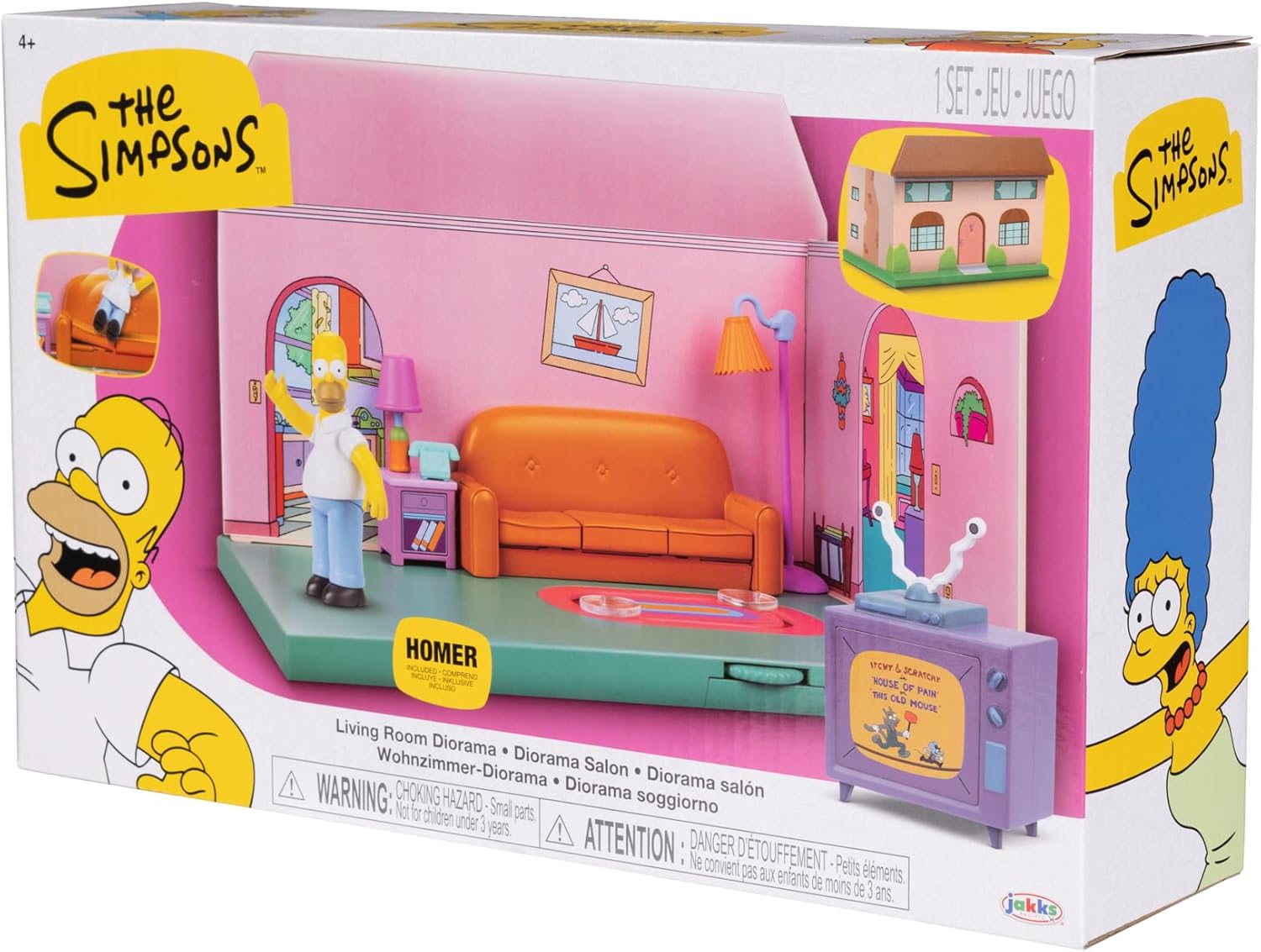 Colorful miniature living room diorama featuring Homer Simpson figure, orange couch, pink walls, and retro TV set.