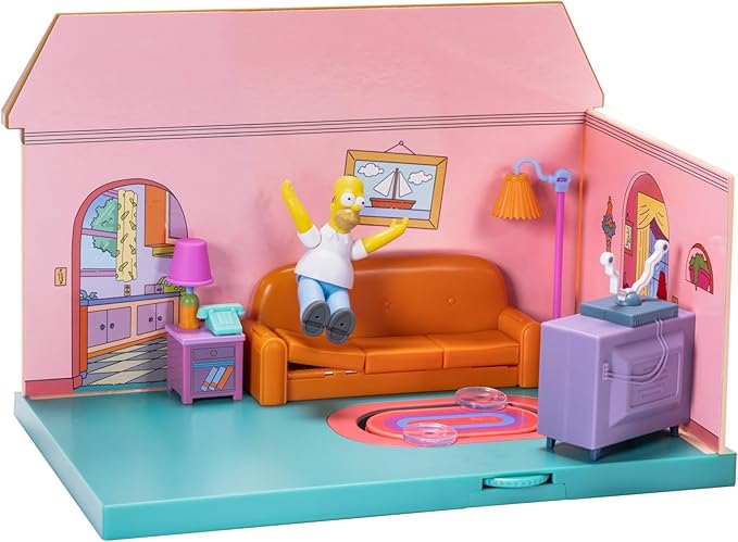 Miniature Simpsons living room with pink walls, orange couch, Homer figure mid-jump, vintage phone, TV, and colorful rug.