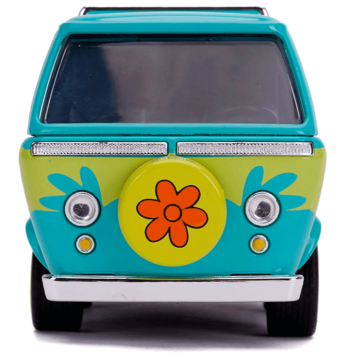 Front view of Go Figment's 1:32 scale die-cast Scooby-Doo Mystery Machine van with vibrant flower design