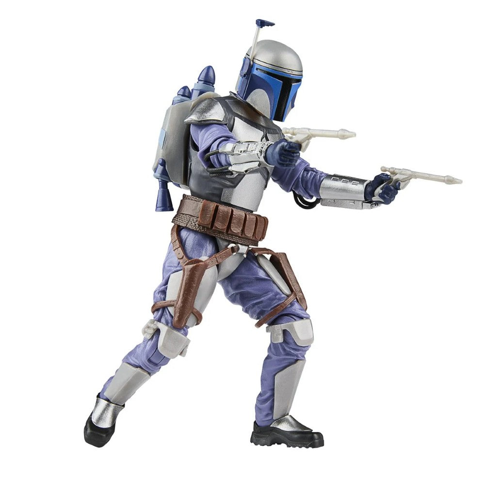 Hasbro Star Wars Black Series 6-inch Jango Fett action figure with jetpack firing dual blasters in battle pose