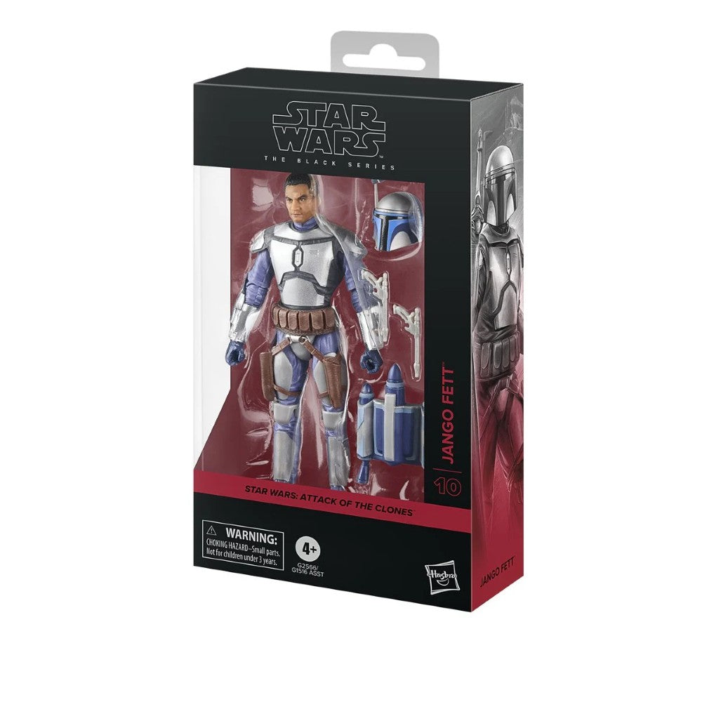Hasbro Star Wars Black Series Jango Fett 6-inch figure with unhelmeted head, armor, and accessories in display packaging