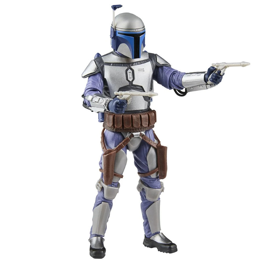 Hasbro Star Wars Black Series 6-inch Jango Fett figure posed firing dual blasters in detailed silver and blue armor