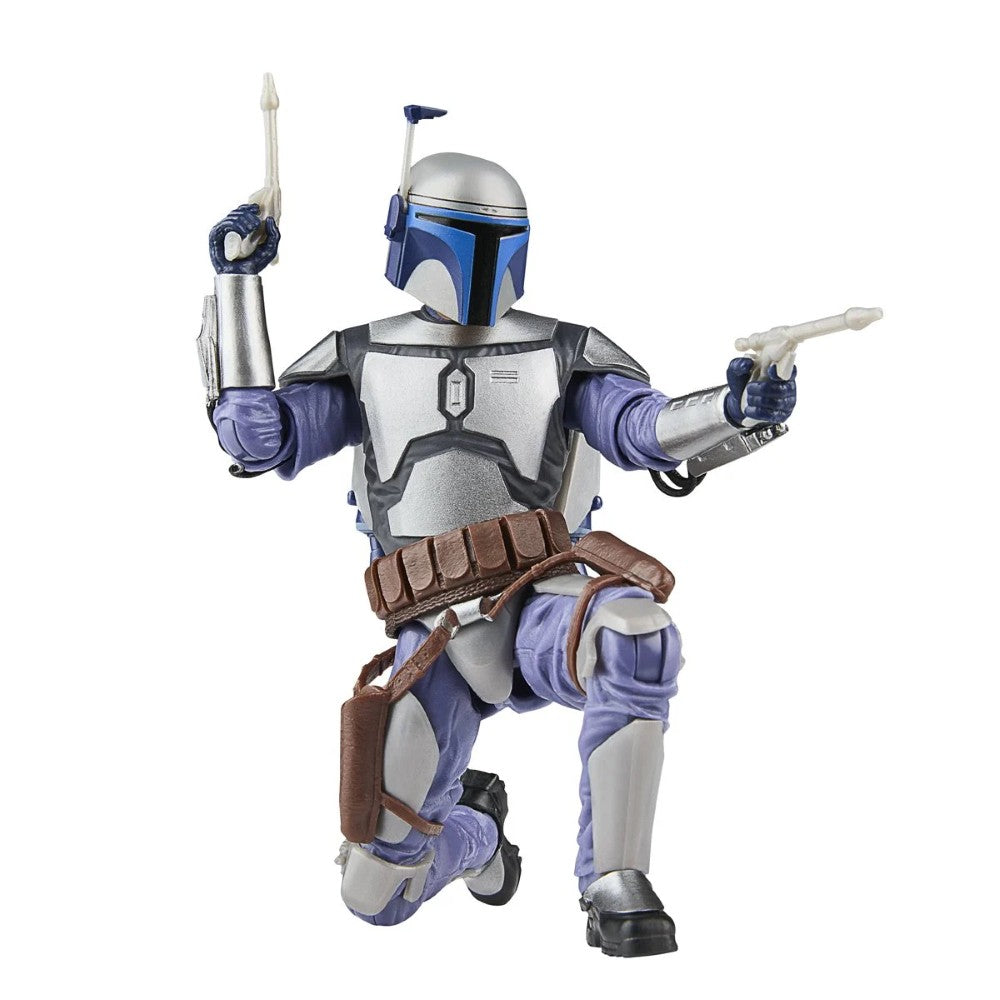 Hasbro Star Wars Black Series 6-inch Jango Fett figure kneeling with detailed armor and dual pistols in combat pose