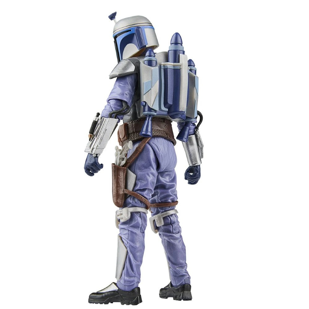 Hasbro Star Wars Black Series 6-inch Jango Fett figure in blue armor with jetpack viewed from back on white background