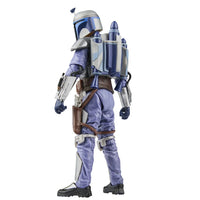 Hasbro Star Wars Black Series 6-inch Jango Fett figure in blue armor with jetpack viewed from back on white background