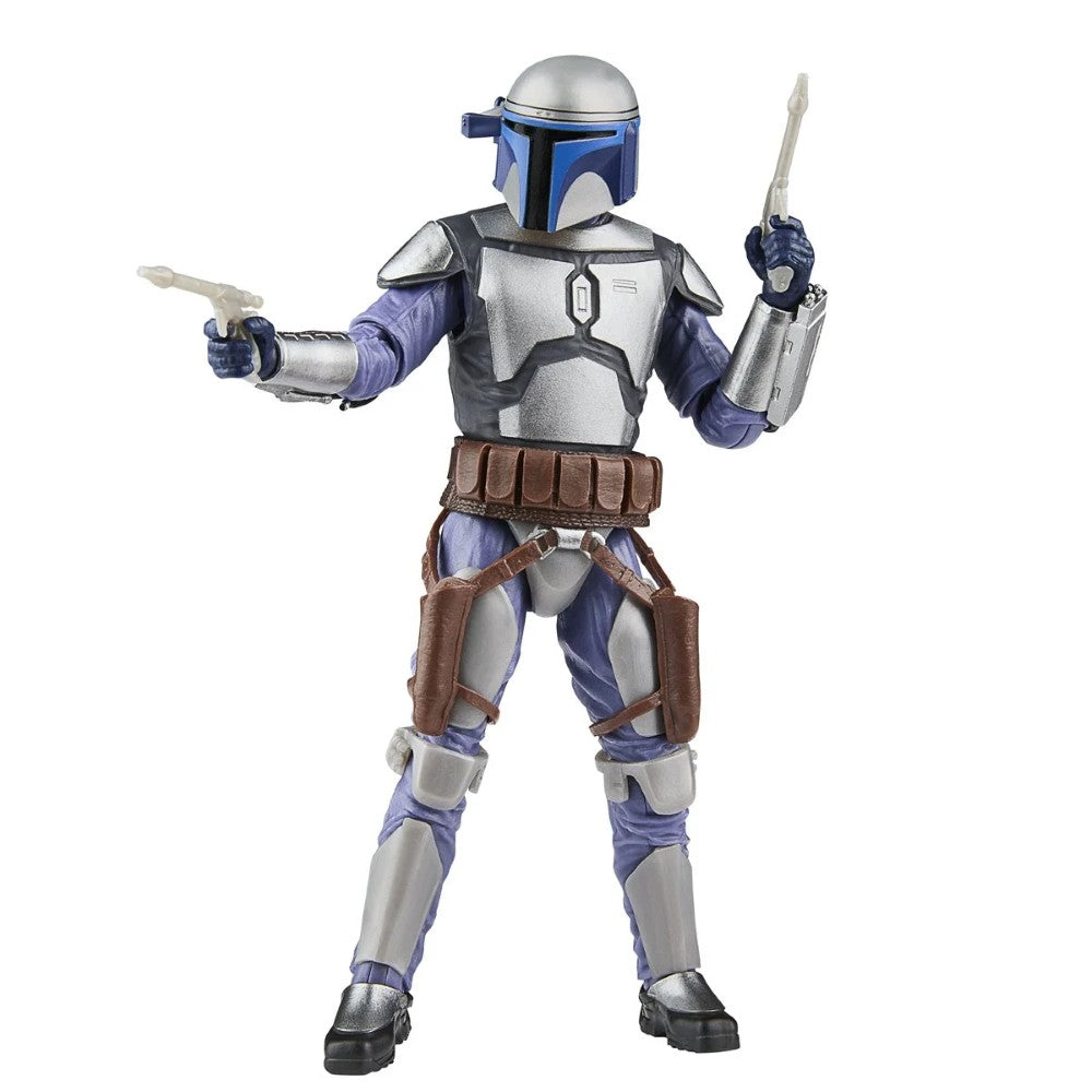 Hasbro Star Wars Black Series Jango Fett 6-inch figure in battle pose with dual blasters and silver-blue armor on white background