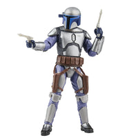 Hasbro Star Wars Black Series Jango Fett 6-inch figure in battle pose with dual blasters and silver-blue armor on white background