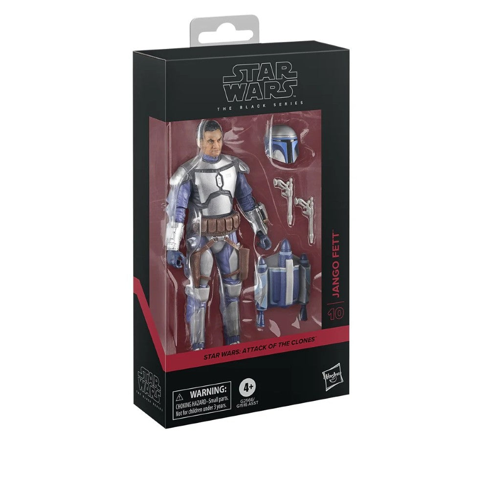Hasbro Star Wars Black Series Jango Fett 6-inch action figure with helmet, jetpack, and blasters in packaging