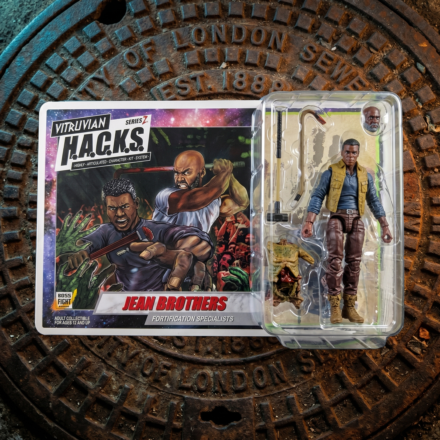 Vitruvian H.A.C.K.S. Zombie Land Complete Set Diorama and 10 Z-Series Action Figure Lot by Boss Fight Studio Llc, Jean Brothers figure with accessories.