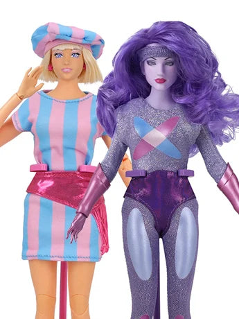 Two vintage-style dolls, one with blonde hair in pastel striped outfit and beret, the other with purple hair in metallic suit