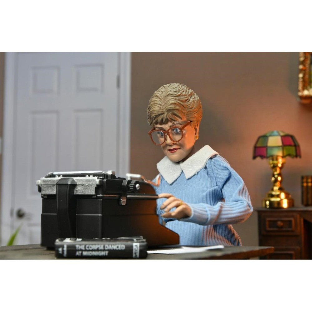 Jessica Fletcher Murder She Wrote 8-Inch Clothed Neca Action Figure posed typing with typewriter in detailed room setting