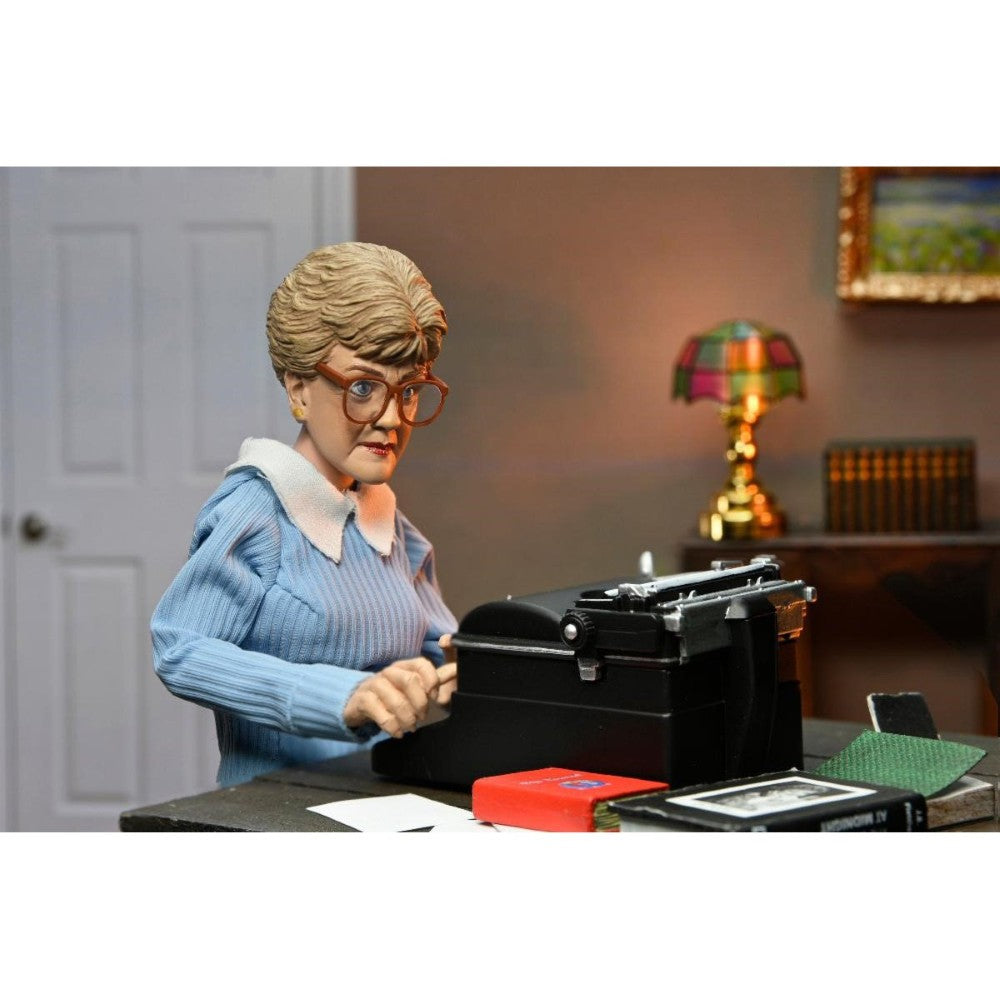 Jessica Fletcher Murder She Wrote 8-Inch Clothed Neca Action Figure posed typing at a desk with vintage typewriter