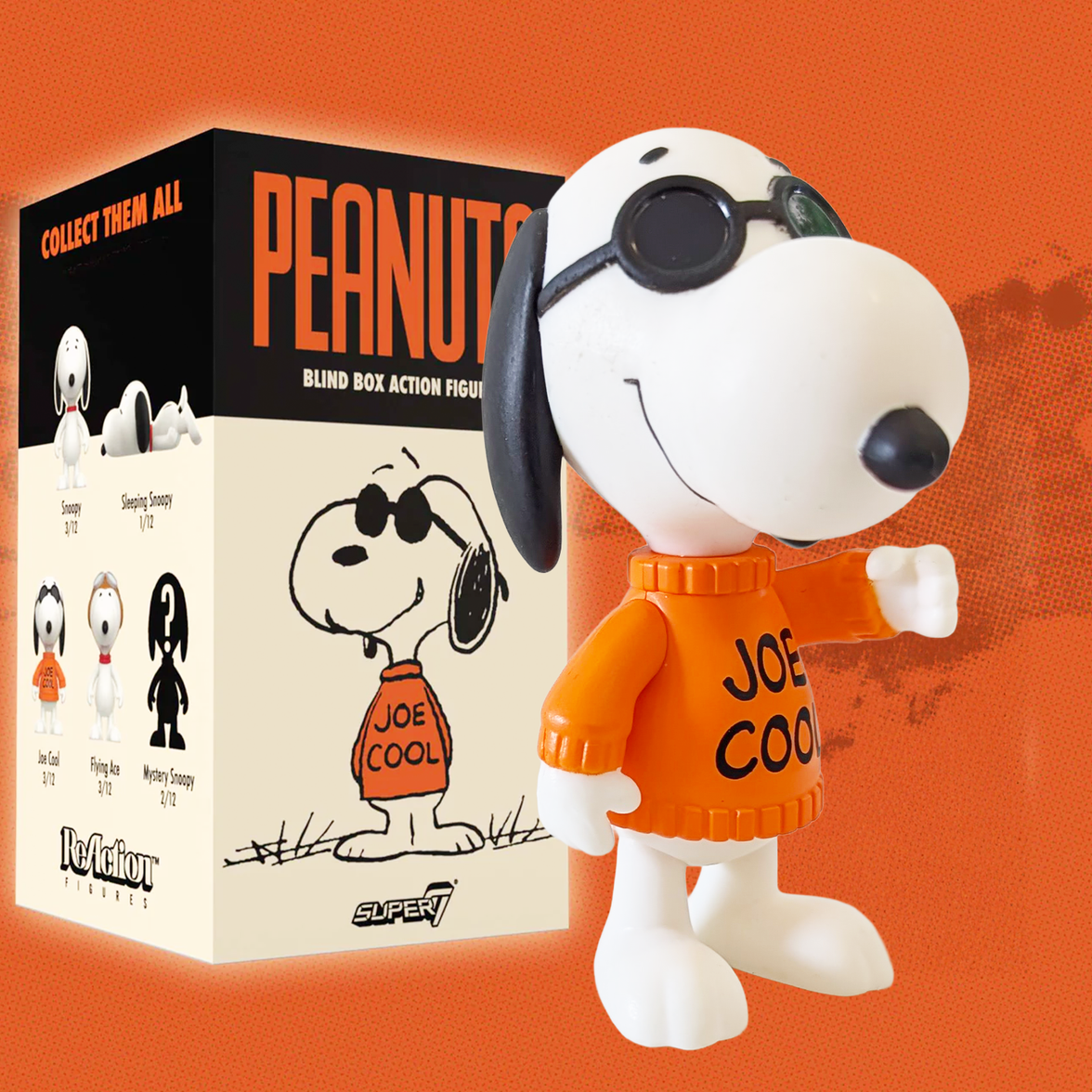 Super7 Peanuts ReAction 3.75-inch Joe Cool Snoopy figure wearing sunglasses and orange sweater with packaging box on orange background