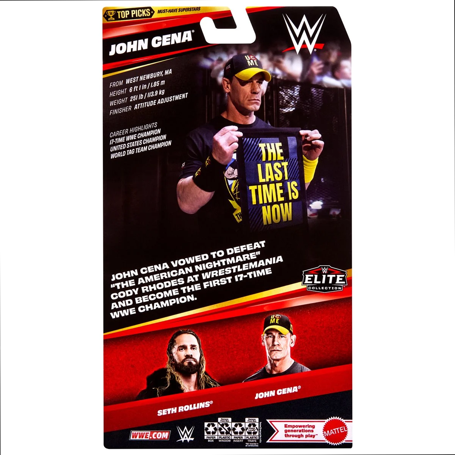 John Cena WWE Elite Collection Action Figure - Top Picks 2026 Wave 3 packaging featuring WWE wrestlers Seth Rollins and John Cena by Go Figment