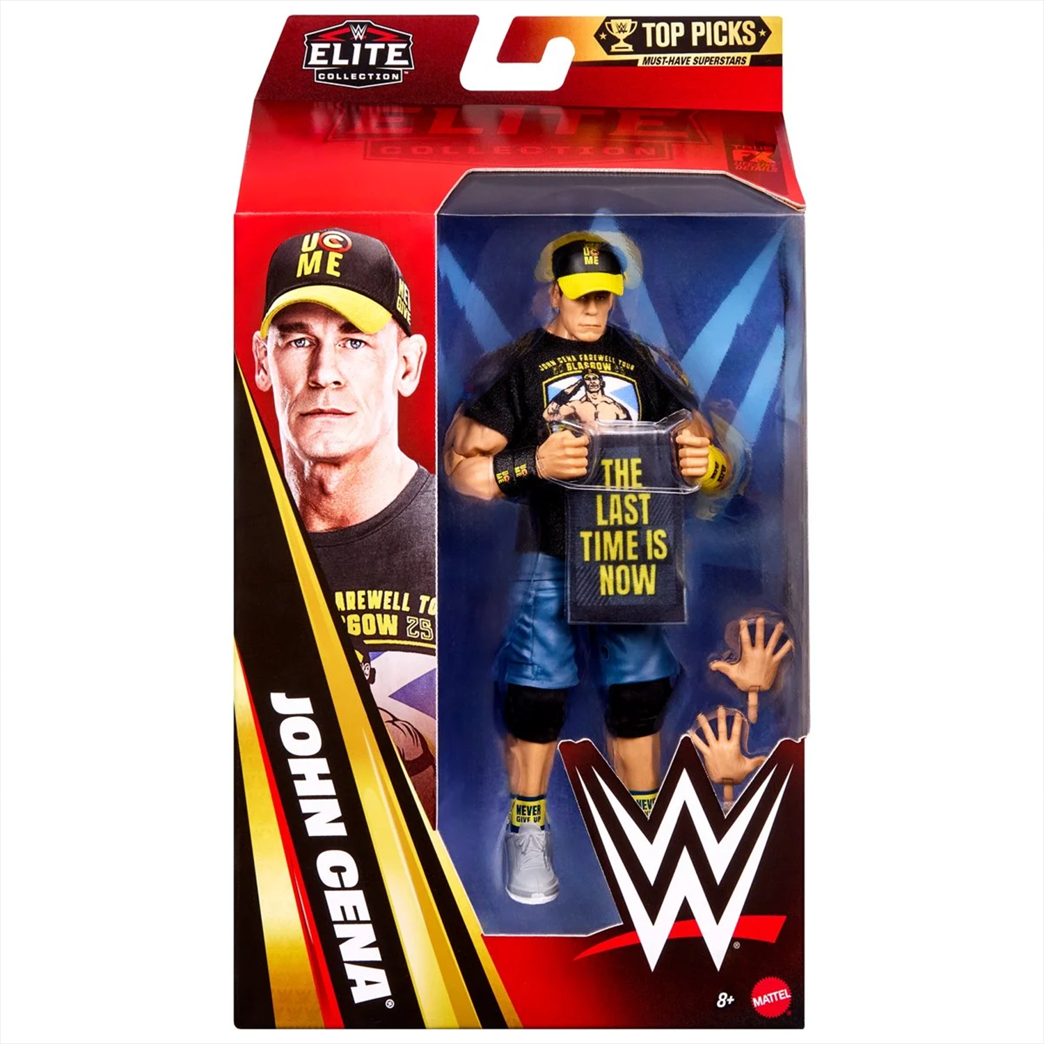 John Cena WWE Elite Collection Action Figure - Top Picks 2026 Wave 3 by Go Figment holding "The Last Time Is Now" sign in package