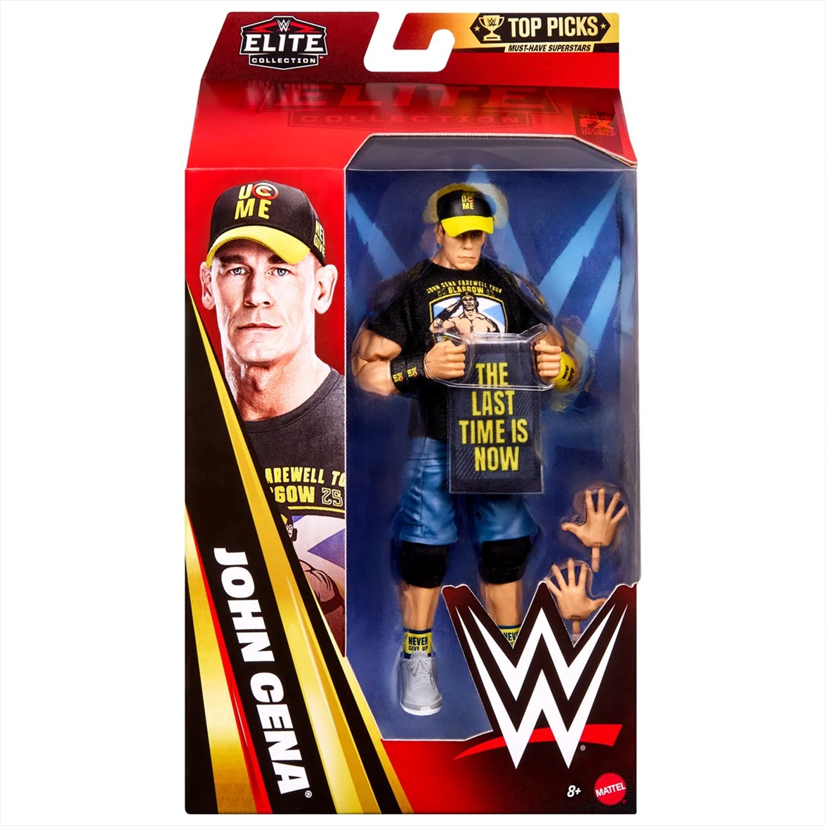 John Cena WWE Elite Collection Action Figure - Top Picks 2026 Wave 3 by Go Figment holding "The Last Time Is Now" sign in package