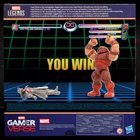 Marvel Legends Gamerverse Juggernaut figure posing victorious over Silver Samurai in retro arcade game style background