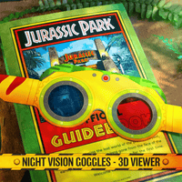 Doctor Collector Jurassic Park vintage-style official guidebook with themed yellow night vision goggles and puzzle elements
