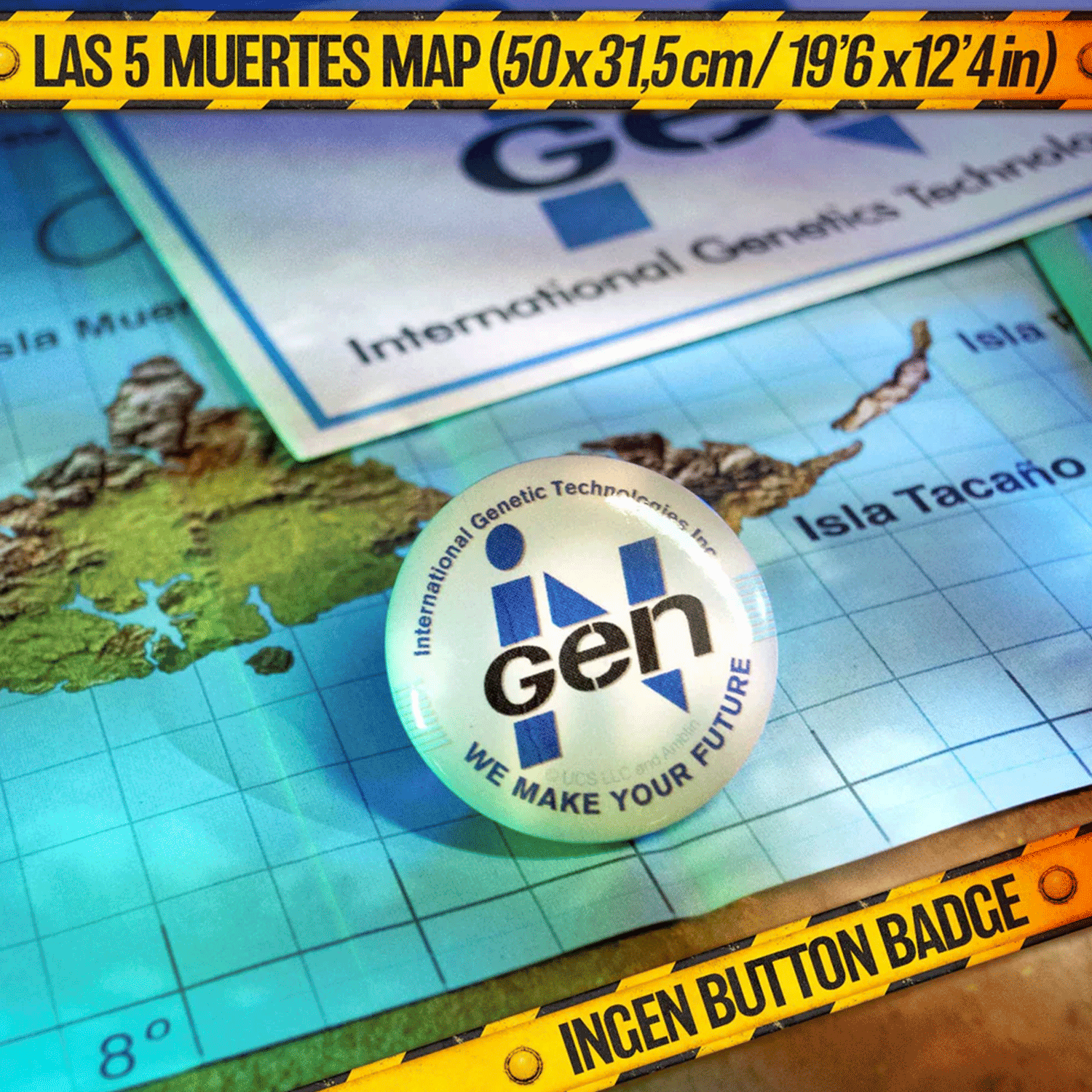 Doctor Collector Jurassic Park Ingen button badge on Las 5 Muertes map from The Lost Memories collector’s set