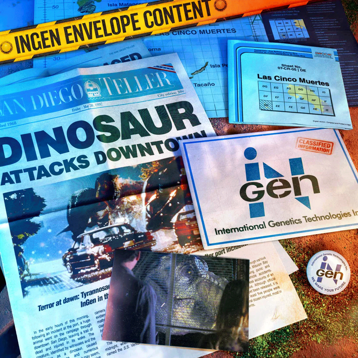 Doctor Collector Jurassic Park InGen envelope contents including newspaper, classified badge, photo, and puzzle sheet on textured surface
