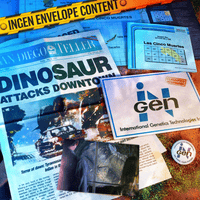 Doctor Collector Jurassic Park InGen envelope contents including newspaper, classified badge, photo, and puzzle sheet on textured surface