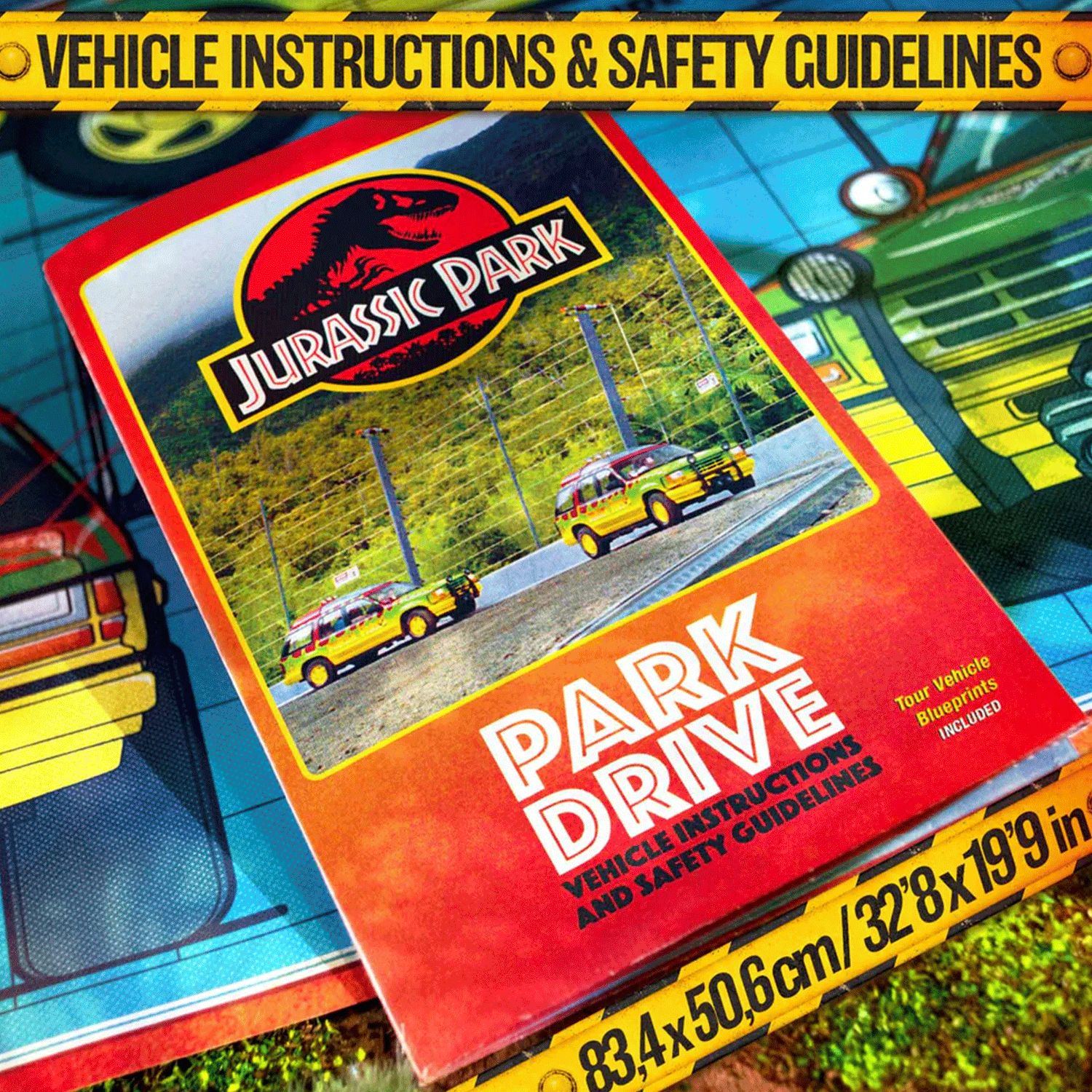 Doctor Collector Jurassic Park Park Drive guidebook with vintage yellow tour vehicles and safety instructions on colorful background
