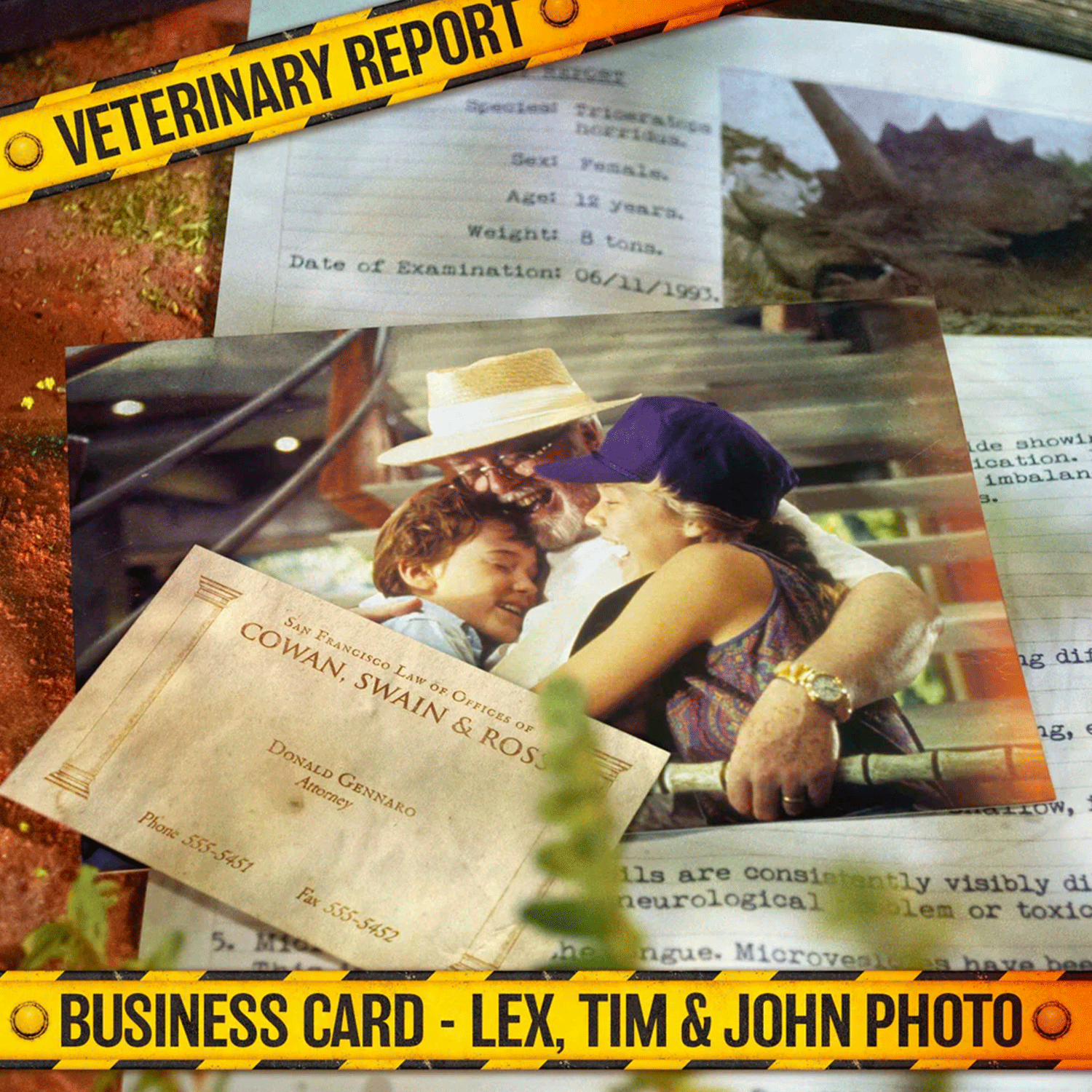 Vintage-style photo of three people embracing, resting on an open veterinary report with an old law office business card nearby.