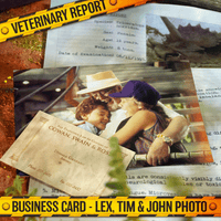 Vintage-style photo of three people embracing, resting on an open veterinary report with an old law office business card nearby.