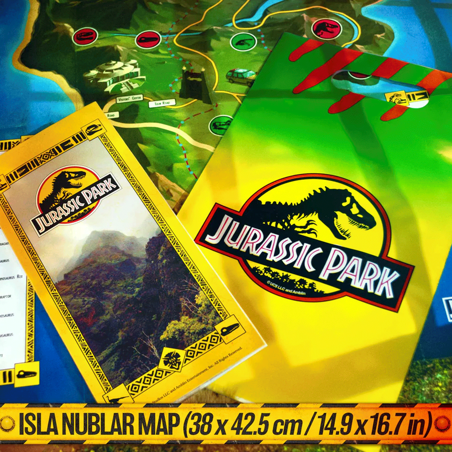 Doctor Collector Jurassic Park The Lost Memories Isla Nublar map and themed puzzles with iconic dinosaur logos on vibrant background