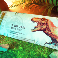 Doctor Collector Jurassic Park 3 Day Admission Ticket featuring roaring T-Rex artwork on lush leafy background