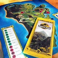 Doctor Collector Jurassic Park Ultimate Collector’s Set featuring detailed island game board and dinosaur reference cards