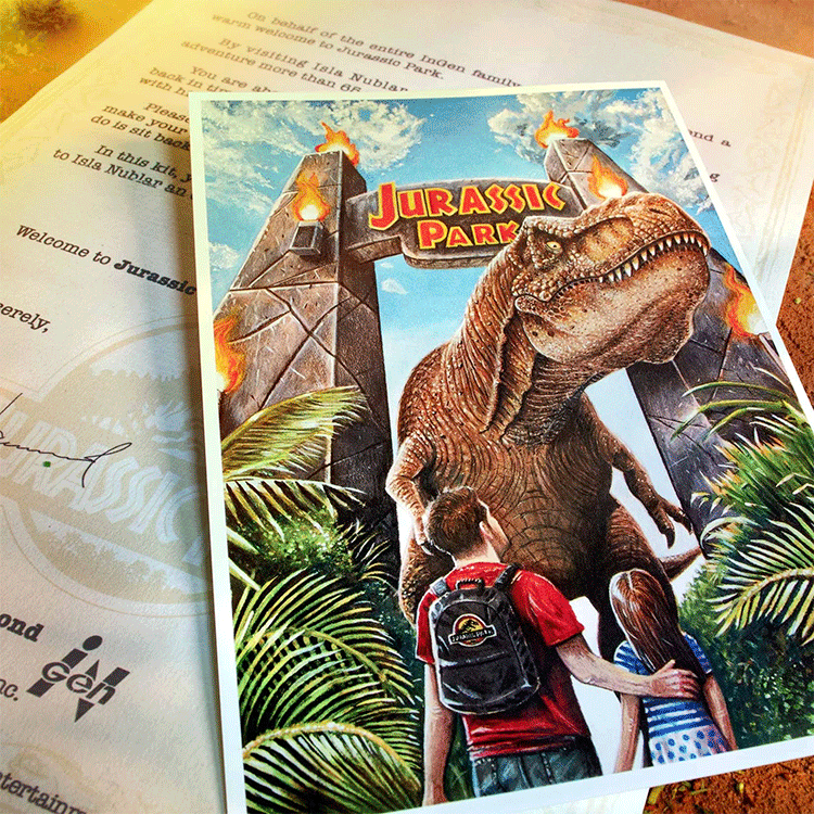Doctor Collector Jurassic Park Welcome Kit featuring iconic T-Rex and visitors at the park entrance with lush foliage background