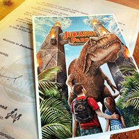 Doctor Collector Jurassic Park Welcome Kit featuring iconic T-Rex and visitors at the park entrance with lush foliage background
