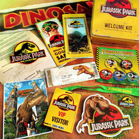 Doctor Collector Jurassic Park Ultimate Welcome Kit with collector cards, VIP pass, dinosaur stickers, and metal tin box