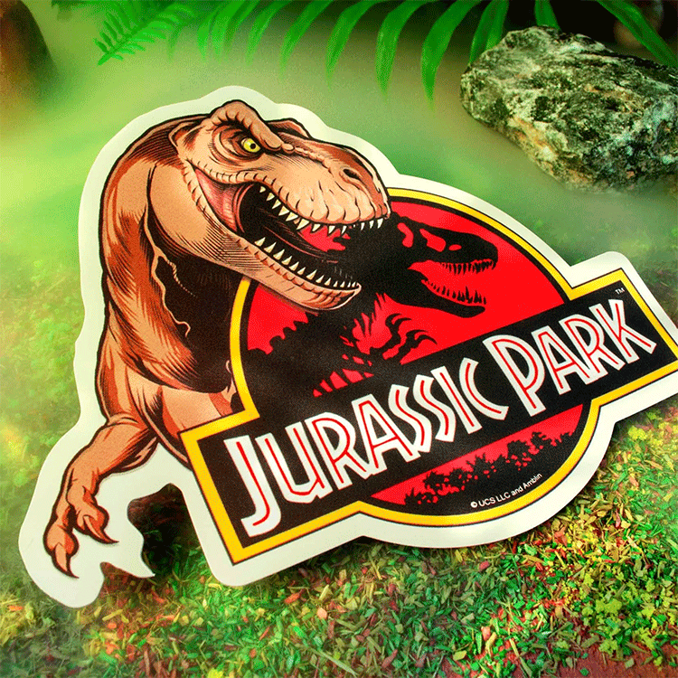 Doctor Collector Jurassic Park sticker featuring fierce T-Rex roaring over red and black circular logo design