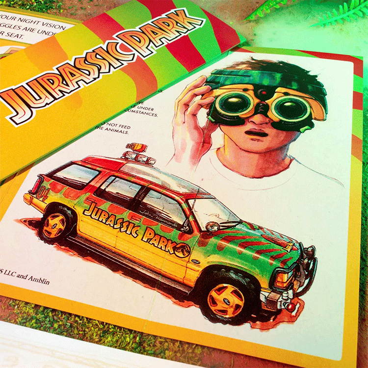 Doctor Collector Jurassic Park Welcome Kit featuring vintage tour jeep illustration and character wearing binoculars on colorful card