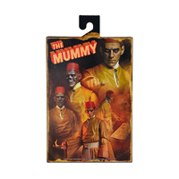 Neca 7-inch action figure packaging showing The Mummy Karloff as Ardath Bey with classic film art and multiple character poses