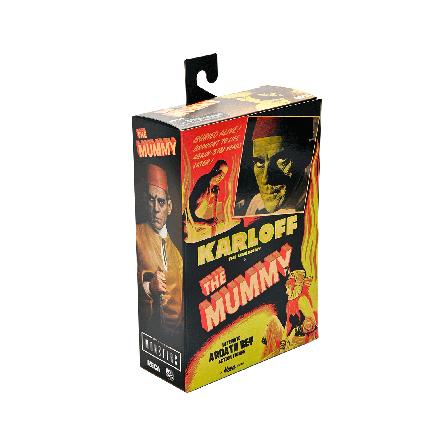Neca 7-inch Universal Monsters packaging featuring Karloff as Ardath Bey from classic The Mummy film artwork