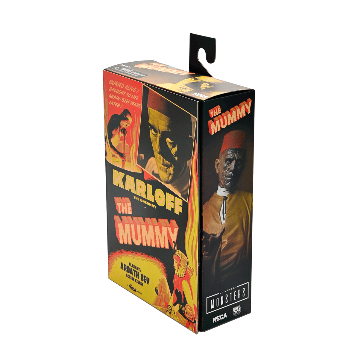 Neca 7-inch Universal Monsters Karloff The Mummy Ardath Bey figure packaging with classic film artwork and branding