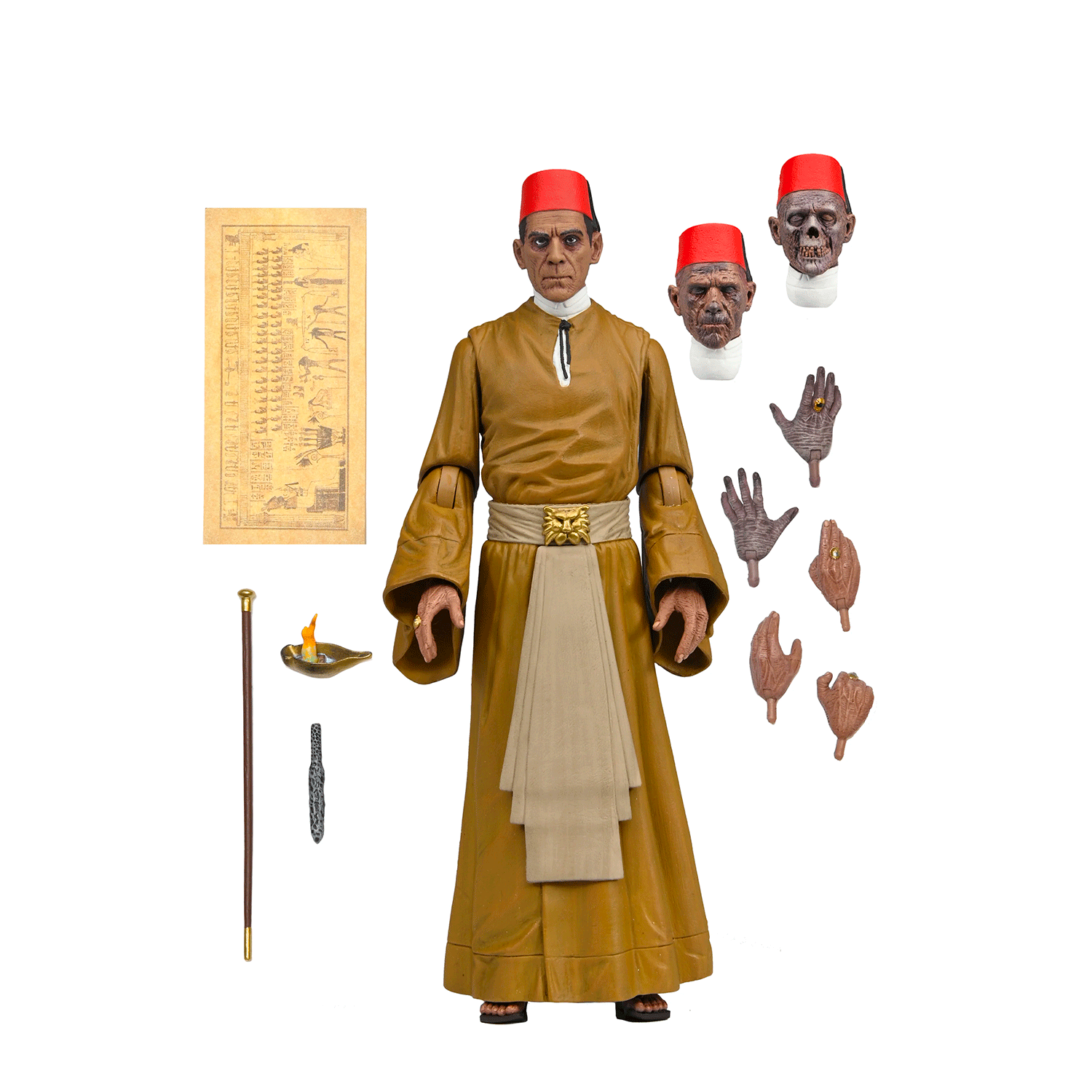 Neca 7-inch The Mummy Ardath Bey figure with three heads, multiple hands, Egyptian artifacts, and detailed traditional outfit