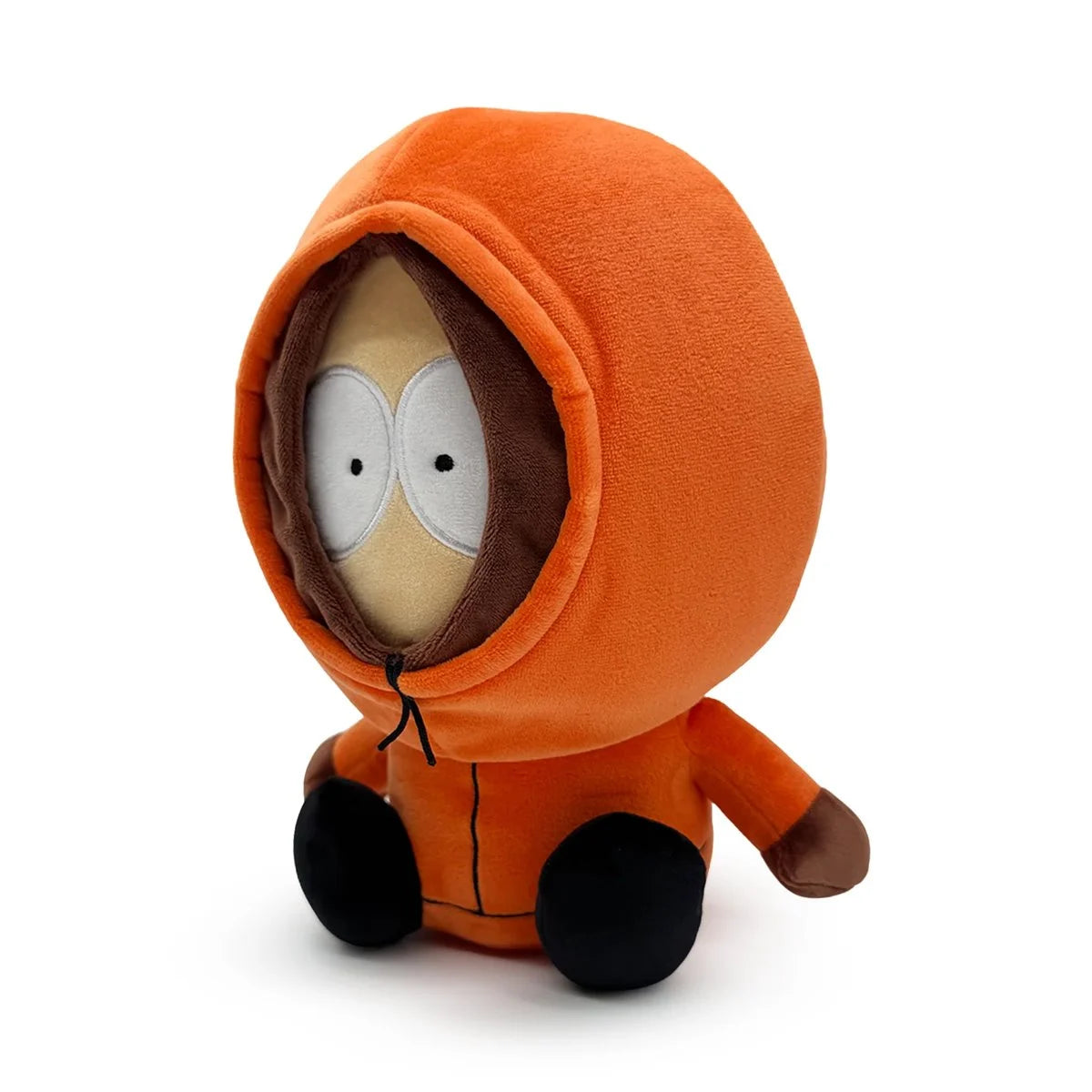 South Park Kenny 9-Inch Plush by Youtooz wearing orange hooded jacket with brown gloves and black shoes sitting down