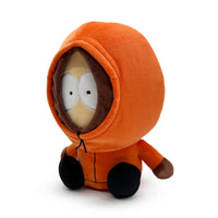 South Park Kenny 9-Inch Plush by Youtooz wearing orange hooded jacket with brown gloves and black shoes sitting down