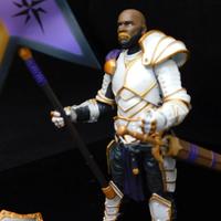 Lance Steelblade (King of Accord) -Vitruvian H.A.C.K.S. 1:18 Scale Action Figure by Boss Fight Studio Llc holding flagpole with detailed armor