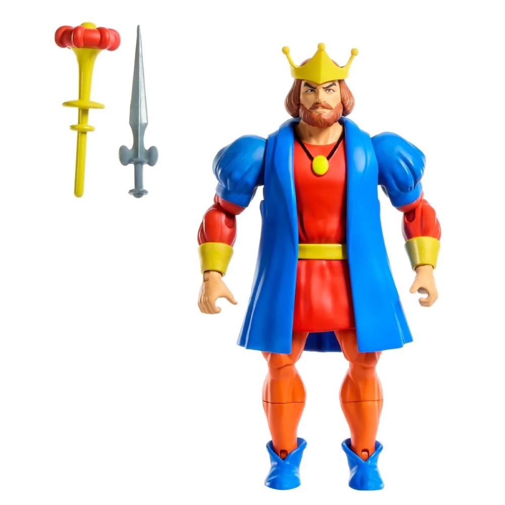 Mattel Masters of the Universe King Randor action figure with blue cape, crown, sword, and scepter on white background