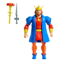 Mattel Masters of the Universe King Randor action figure with blue cape, crown, sword, and scepter on white background