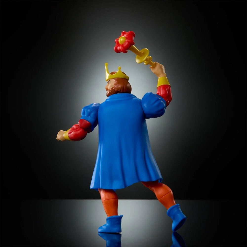 Mattel Masters of the Universe Origins King Randor figure shown from the back with blue cape and raised scepter on black background