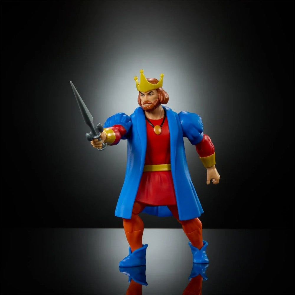 Mattel Masters of the Universe Deluxe King Randor action figure in blue coat and crown holding sword on black background