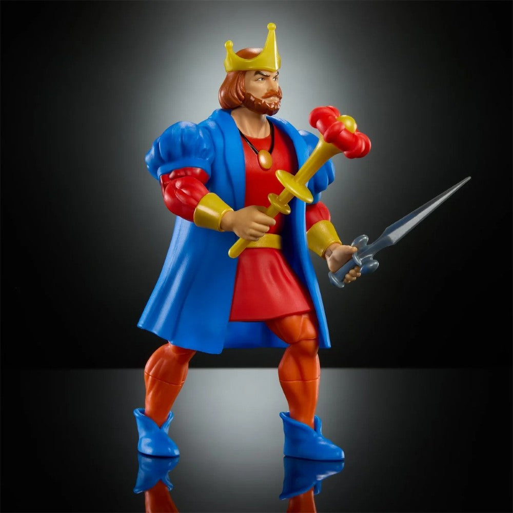 Mattel Masters of the Universe Deluxe King Randor 6-inch action figure holding sword and scepter on dark background