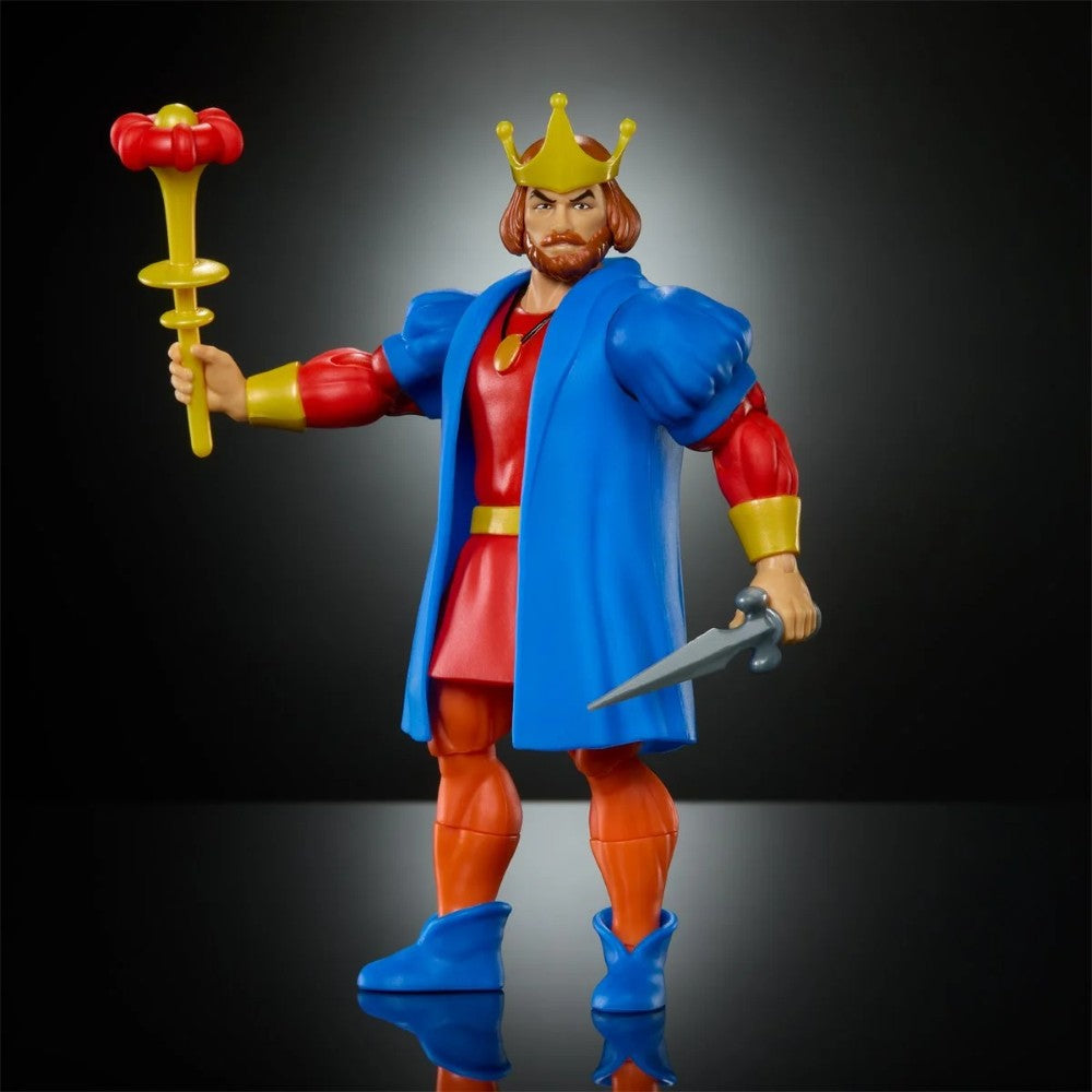 Mattel Masters of the Universe Origins King Randor action figure in blue cape holding sword and ornate scepter on black background