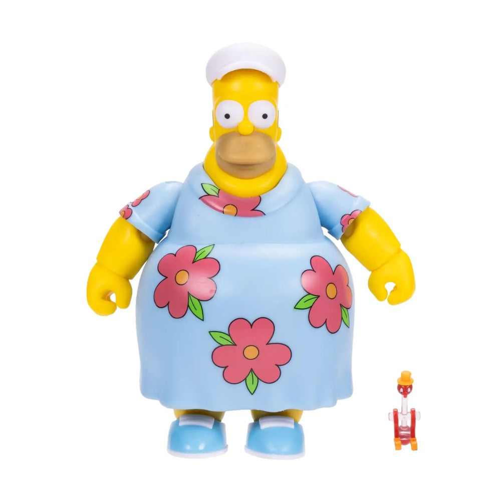 King-Size Homer Deluxe Action Figure The Simpsons 5" Drinking Bird Jakks 1:12 by Jakks Pacific with floral dress and toy bird.